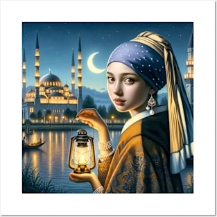 Ramadan Elegance: Girl with a Pearl Earring in Moonlight Posters and Art